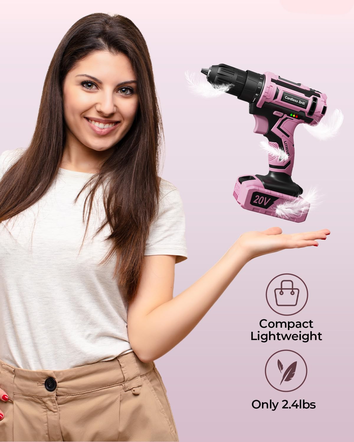 Pink Cordless Drill Set, 20V Electric Power Drill for Women, Lightweight Electric Screwdriver Driver with Battery & Charger, 3/8" Keyless Chuck, Womens Tool Kit for House VIWKO