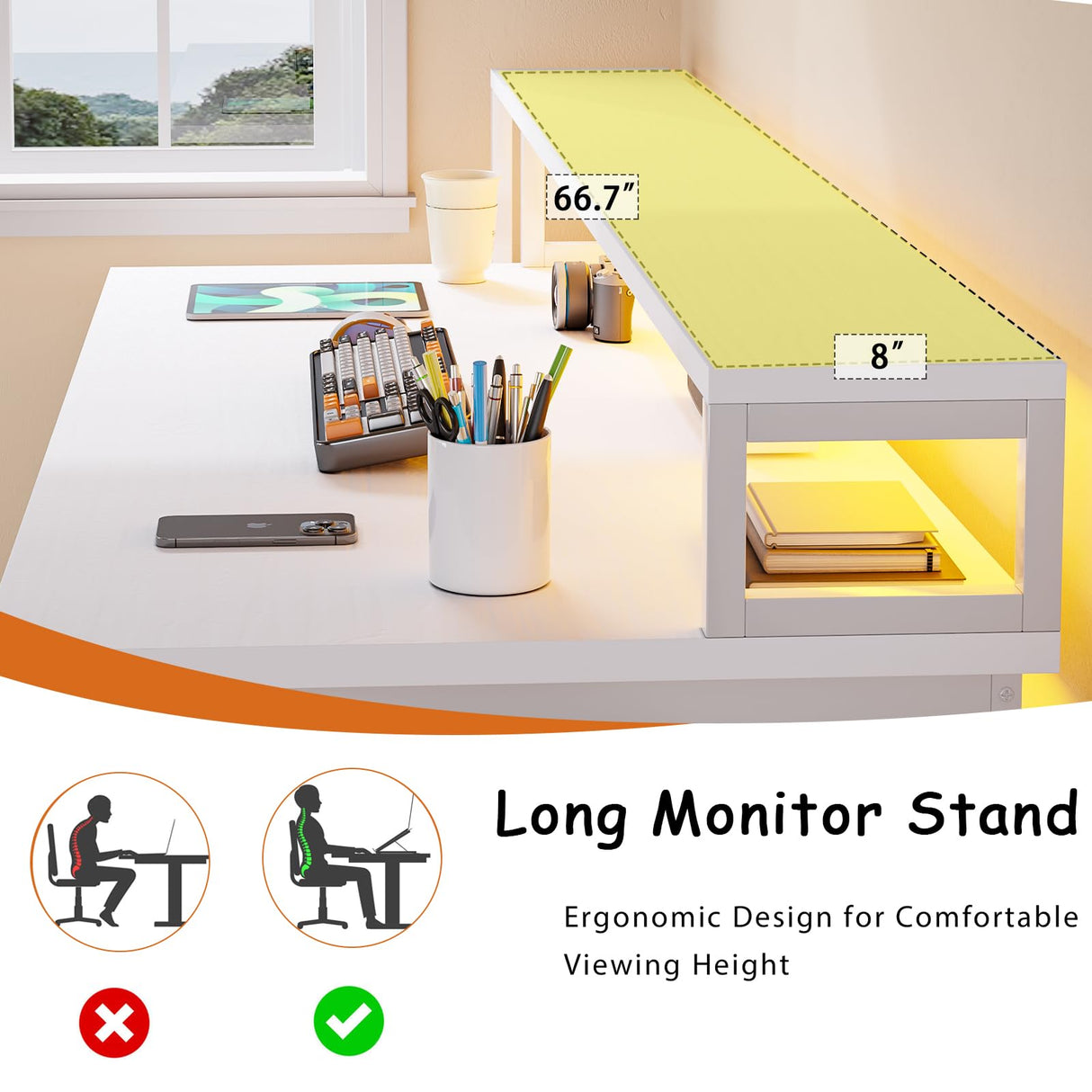 HOMBCK 67” White Desk with 3 Drawers and Storage, Reversible White Office Desk Computer Desk with Monitor Stand, Home Office Desk with LED Strips and Printer Standfor Bedroom HOMBCK