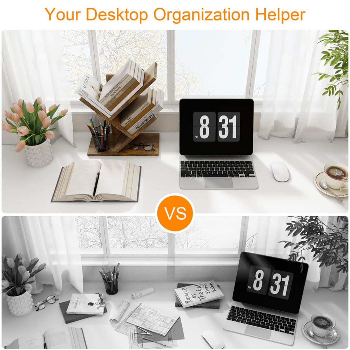 Tajsoon Tree Bookshelf 3 Tier Book Storage Organizer Shelves, Desktop Bookshelf Floor Standing Bookcase Display for CDs/Magazine/Books, Small Bookshelf for Bedroom, Living Room Office, Rustic Brown Tajsoon