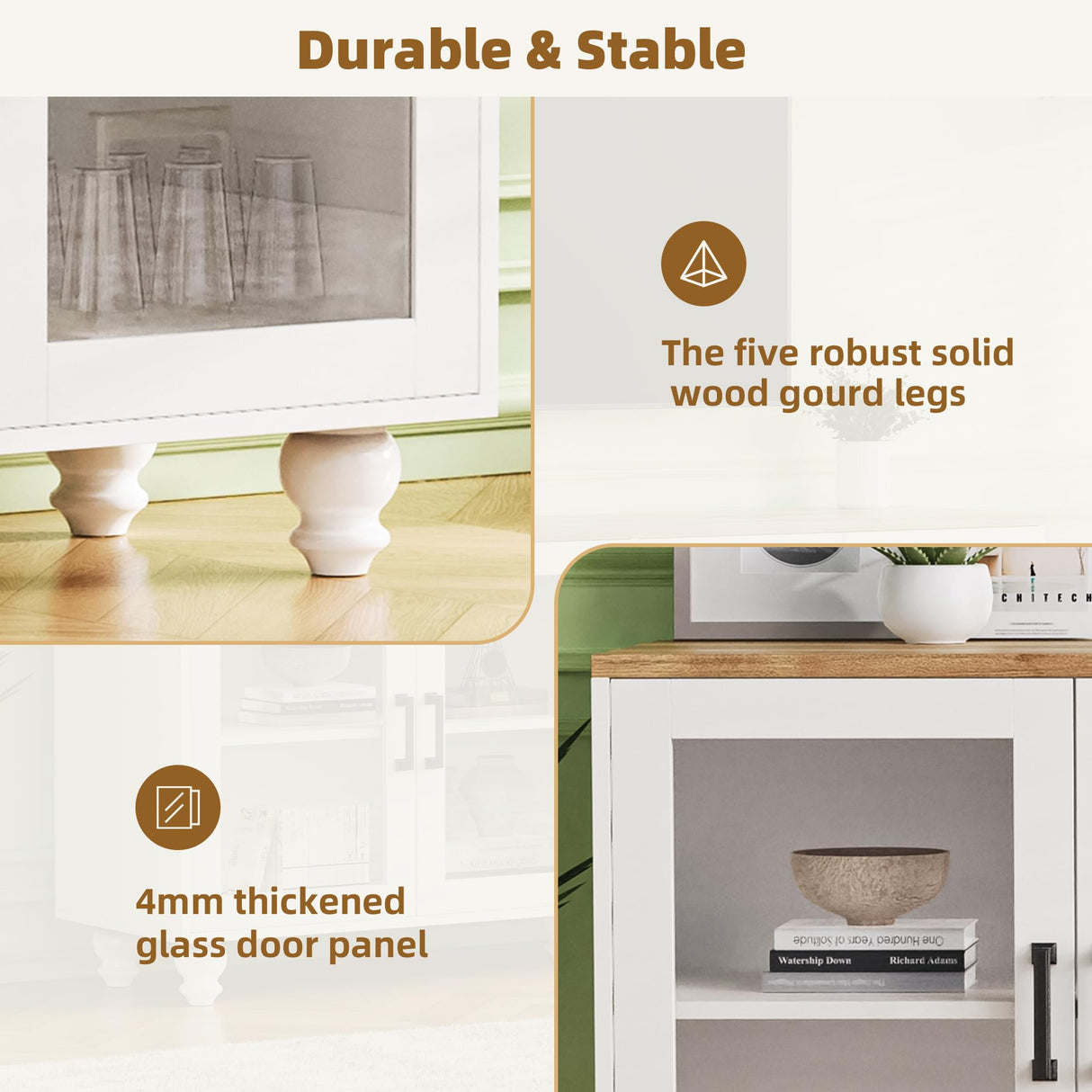 RuiSiSi Farmhouse Entertainment Center with 2 Bookshelves & Tempered Glass Doors, TV Stand with Adjustable Shelves for TVs up to 70'', Media Console with Solid Wood Gourd-Shaped Legs, White RuiSiSi