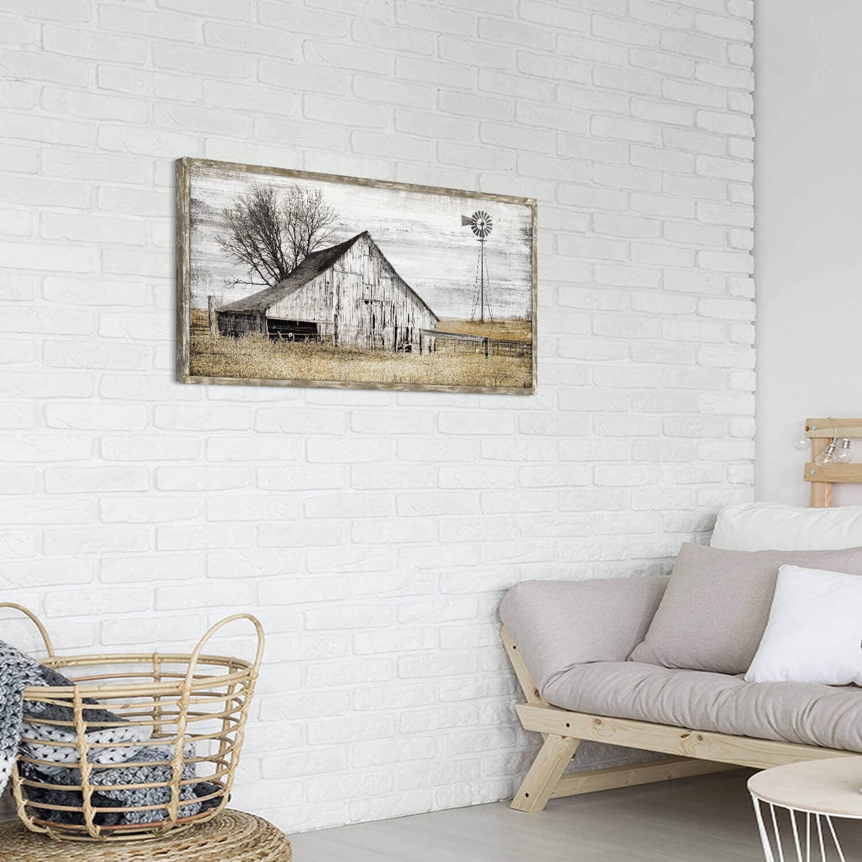 Farmhouse Framed Wall Art Picture: Rustic Barn Farm Wood Artwork Decor Large Country Landscape Windmill Print Horizontal Panoramic Countryside Rural Nature Scene Painting for Living Room Bedroom SD SOFT DANCE
