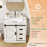 AMERLIFE Farmhouse Bathroom Vanity with Sink Combo, 31in Sliding Barn Door Bathroom Vanity Cabinet Set with Storage Drawers, Metal Handles, Small Single Bath Storage Vanity Sink, Antique White AMERLIFE