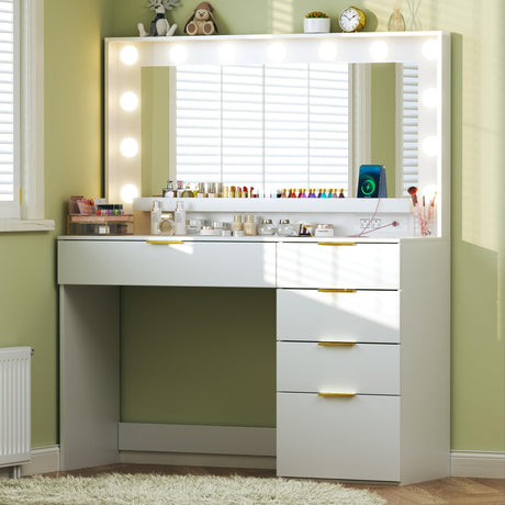 LIMGLIM Makeup Vanity Desk with Lights & Large Mirror, 39.3in Vanity Desk with Mirror and Lights, 3 Lighting Color Adjustable, 5 Drawers, Vanity with Lights for Bedroom LIMGLIM