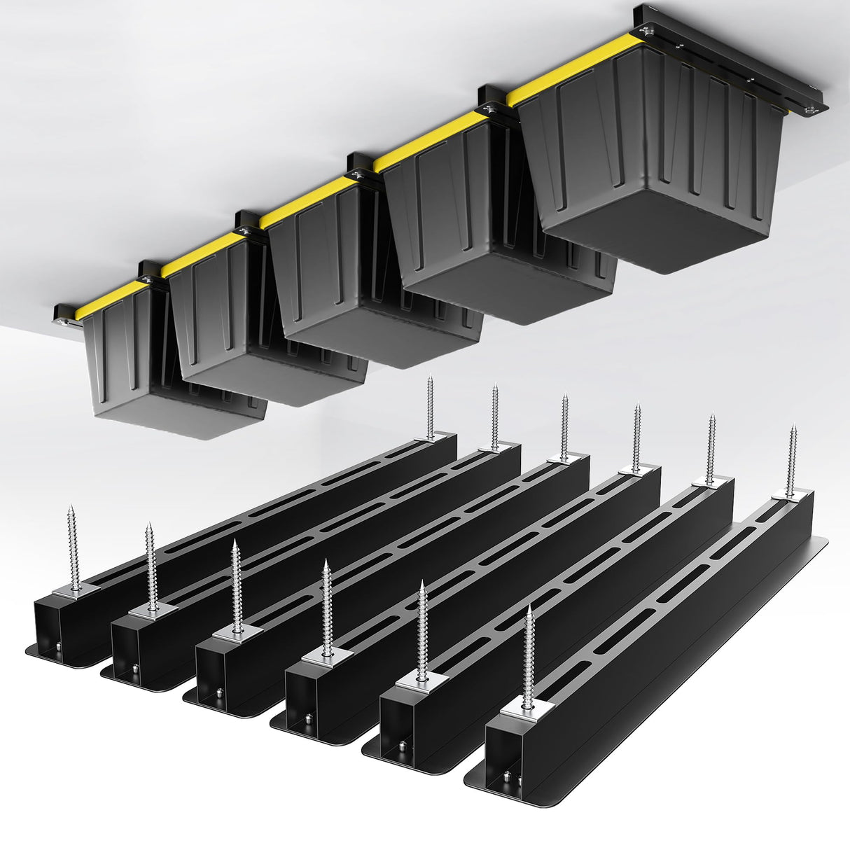 EVERHANGER Ceiling Storage Rack, Heavy Duty Overhead Garage Storage Rack, Adjustable Ceiling Bin Storage System, 6 Sets for 5 Bins, 26 Inch EVERHANGER