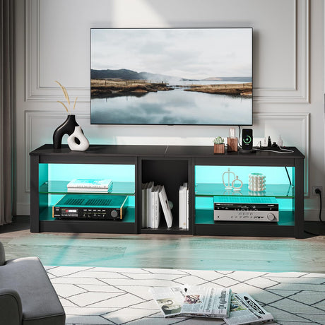 Bestier TV Stand for 70 inch TV with Power Outlets, LED Entertainment Center for PS5, Gaming TV Consoles with Glass Shelves for Living Room, 63'' Inch, Black Carbon Fiber Bestier