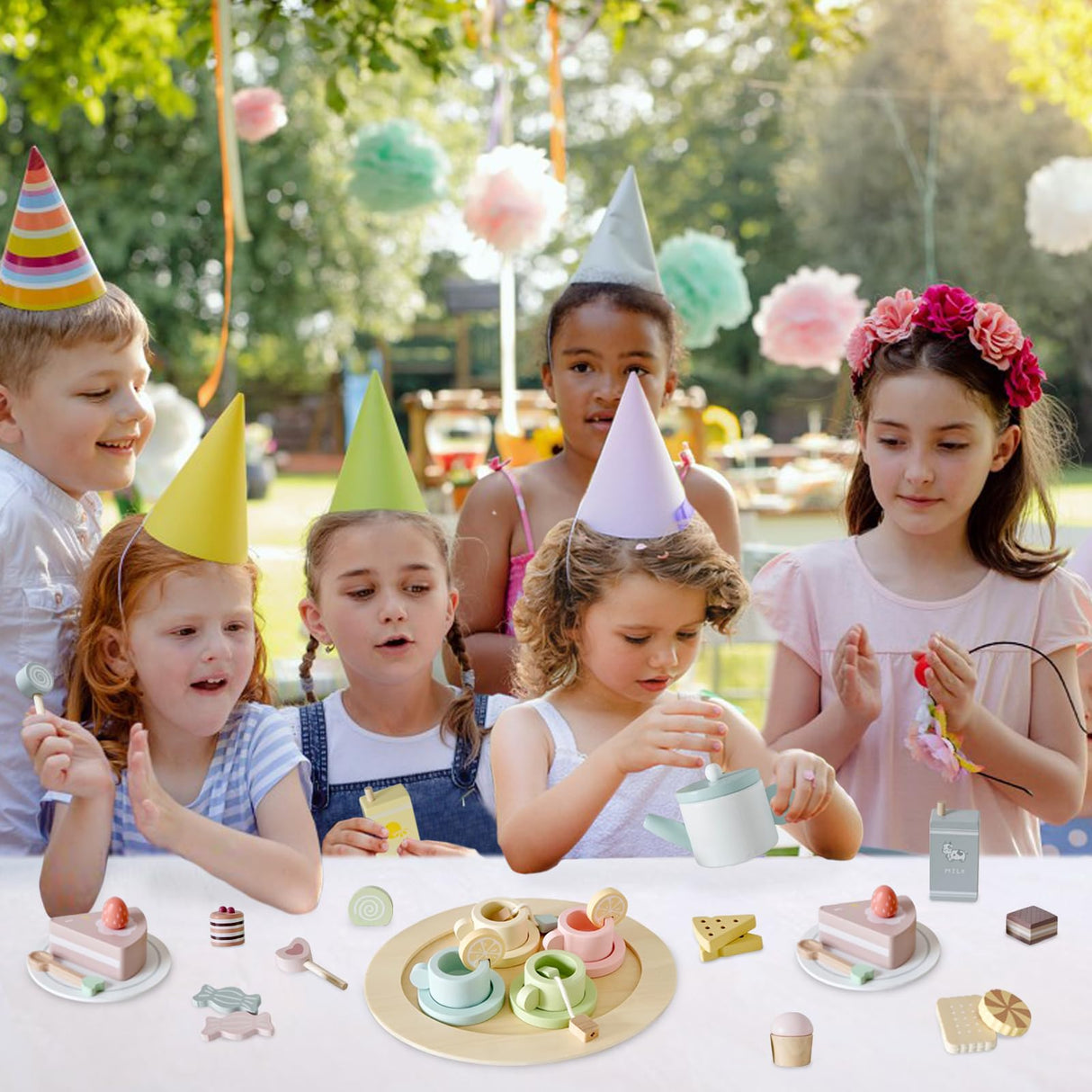 Smartwo Wooden Tea Party Set for Little Girls, 30 PCS Wooden Tea Set for Toddlers 1-3, Pretend Play Kids Wood Tea Set Toy, Play Kitchen Accessories with Play Food, Improve Imagination Smartwo