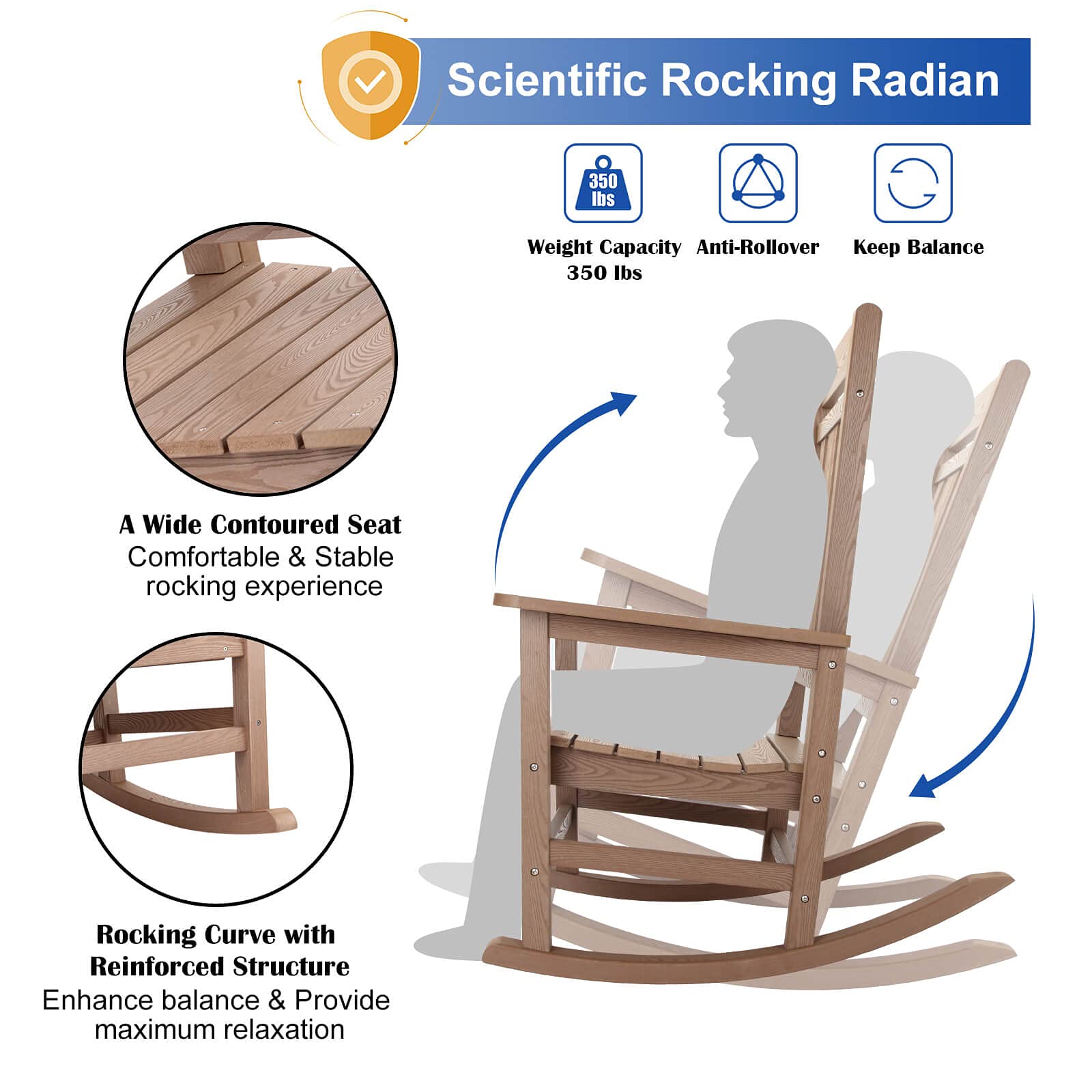 hOmeHua Patio Rocking Chair, All Weather Resistant Outdoor Indoor Fade-Resistant Patio Rocker Chair，Stable Durable Smooth Rocking, Comfortable Easy to Maintain - Wood Color - WoodArtSupply