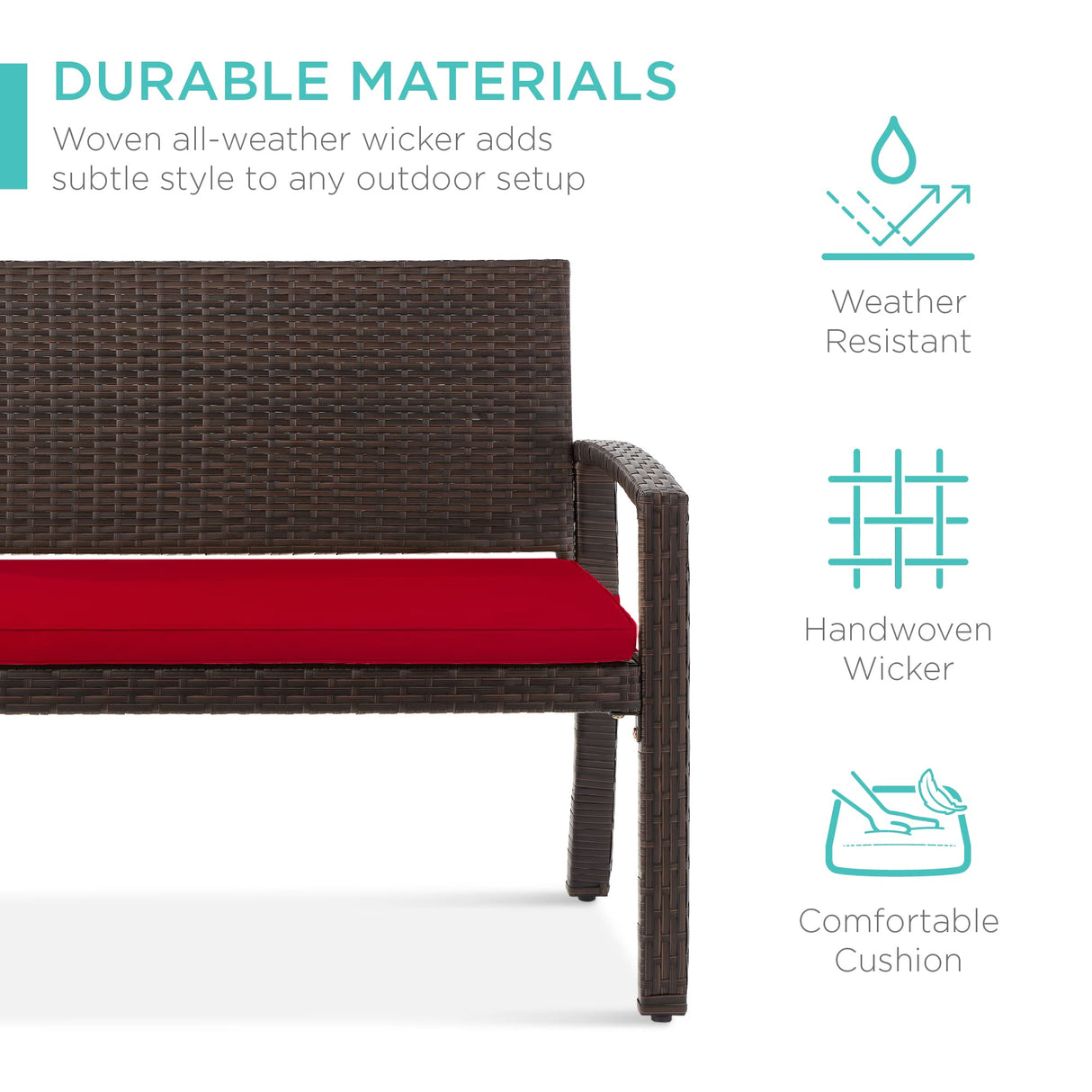 Best Choice Products Outdoor Bench 2-Person Wicker Garden Patio Benches Seating Furniture for Backyard, Porch w/Seat Cushion, 700lb Capacity - Brown/Red Best Choice Products