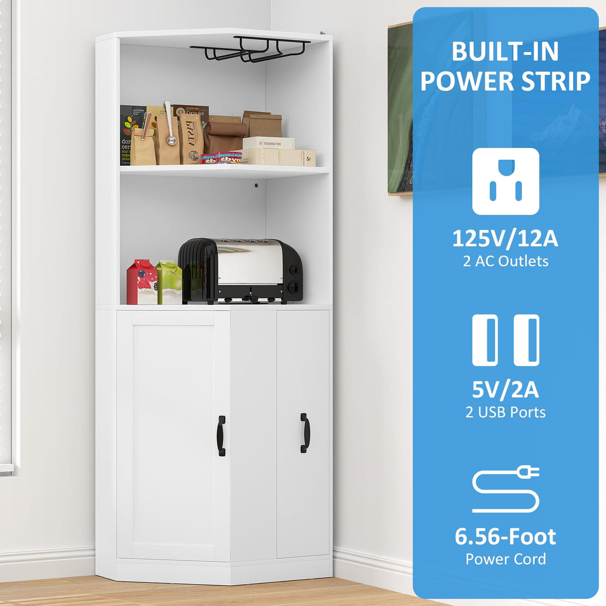 Bigbiglife 71" Corner Bar Cabinet with Power Outlet, Home Bar with LED Light and Glass Holder, Liquor Cabinet Bar Unit with Drawer for Home, Corner Display Cabinet for Living Room, Dining Room Bigbiglife