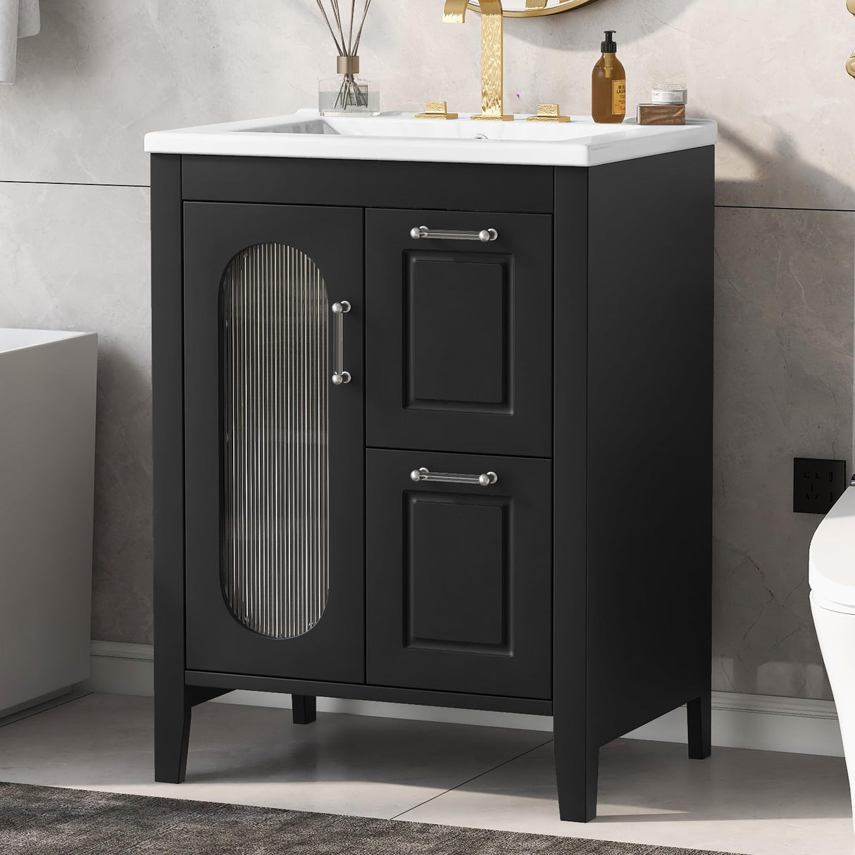 Harper & Bright Designs 24" Bathroom Vanity with Sink, Free Standing Single Basin Vanity Set with Two Drawers and Glass Door, Modern Wooden Bathroom Cabinet with Ceramic Basin for Bathroom, Black Harper & Bright Designs