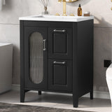 Harper & Bright Designs 24" Bathroom Vanity with Sink, Free Standing Single Basin Vanity Set with Two Drawers and Glass Door, Modern Wooden Bathroom Cabinet with Ceramic Basin for Bathroom, Black Harper & Bright Designs
