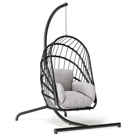 YITAHOME Hanging Egg Chair with Stand, Rattan Wicker Swing Egg Chair with Resistant Cushion, 350lbs Capacity, Foldable Hanging Rattan Basket Chair for Porch, Garden, Bedroom, Balcony, Grey YITAHOME