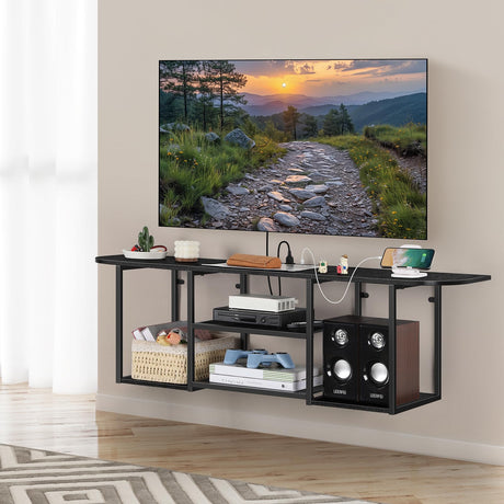 BTY Floating TV Shelf with Power Outlet, Black TV Console with USB Ports, Industrial Under TV Cabinet for 50 Inch TV, Modern Entertainment Center for Bedroom, Living Room BTY