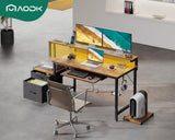 AODK 55" Computer Desk with Fabric File Cabinet and Drawer, Reversible Office Desk with Power Outlet and LED Light, Study Desk with Printer Stand, Keyboard Tray, Monitor Riser and PC Stand, Vintage AODK