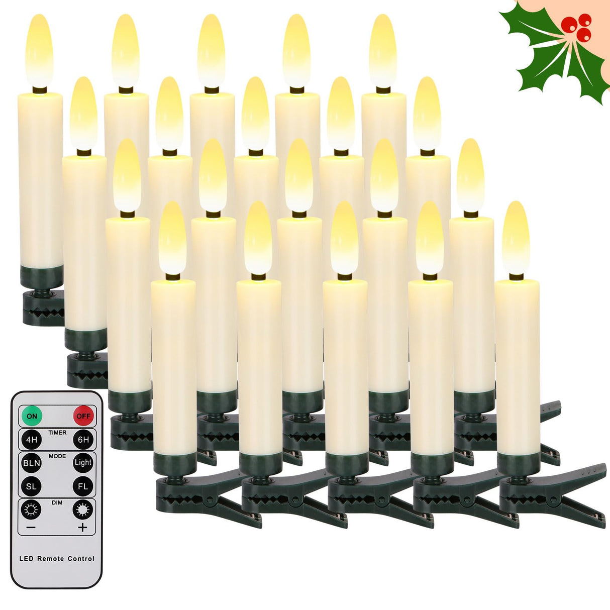 FPOO 20 PCS Christmas Tree Candles Lights Flickering,Clip on Candle Battery Operated Taper Candle Stick with Timer,Mini Flameless Candles for Wreath Candelabra Waterproof Outdoor FPOO