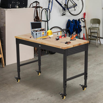 Workbench Adjustable Height 48" x 24" Worktable, Heavy Duty Rubber Wood Top Workbench with Drawer Storage, 2000 Lbs Load Capacity, Mobile Tool Storage Workstation with Power Outlets & Lockable Wheels