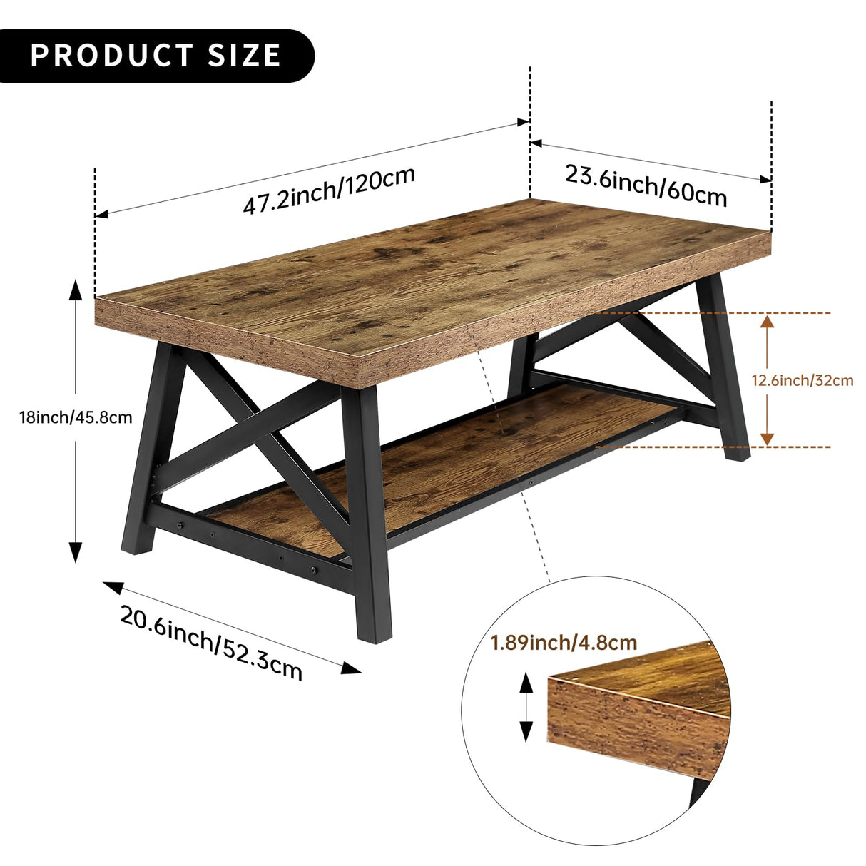 iWEDN 47'' Large Wood Coffee Table with Storage Shelf, Farmhouse Coffee Table with X-Shaped Legs, Rustic Brown Metal Rectangle Center Living Room Coffee Table Accent Furniture for Home iWEDN