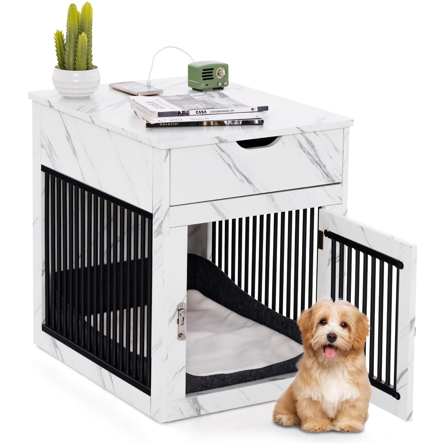 PETSITE Furniture Style Dog Crate, Decorative Dog Kennel End Table with USB & Wireless Charging Station, Storage Drawer, Indoor Dog House for Small Dogs (Marble White) - WoodArtSupply