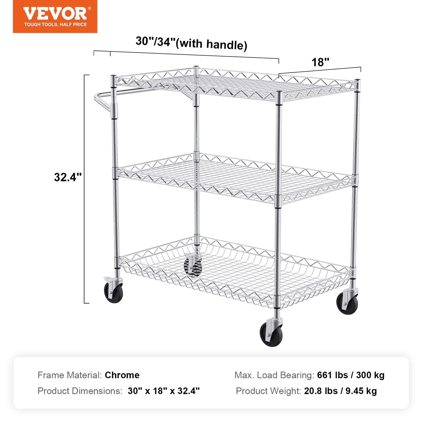 VEVOR Kitchen Utility Cart, 3 Tiers, Wire Rolling Cart with 661 LBS Capacity, Steel Service Cart on Wheels, Metal Storage Trolley with 80 mm Deep Basket Curved Handle 6 Hooks, NSF Listed