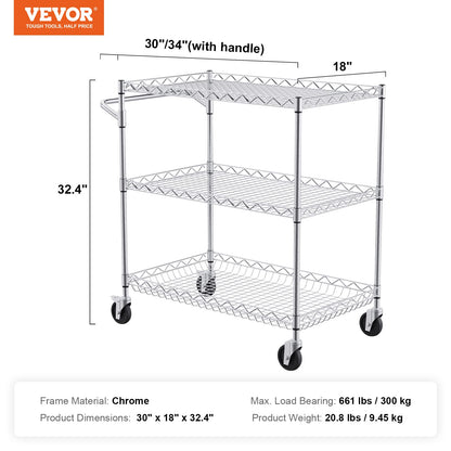 VEVOR Kitchen Utility Cart, 3 Tiers, Wire Rolling Cart with 661 LBS Capacity, Steel Service Cart on Wheels, Metal Storage Trolley with 80 mm Deep Basket Curved Handle 6 Hooks, NSF Listed