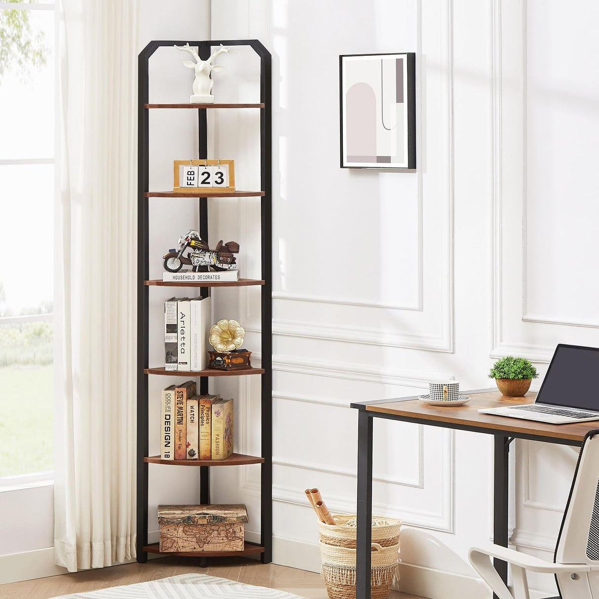MNEETRUNG 71" Corner Shelf,6 Tier Industrial Corner Bookshelf, Freestanding Shelf Stand for Small Space,Home Office,Living Room,Bedroom,Brown MNEETRUNG