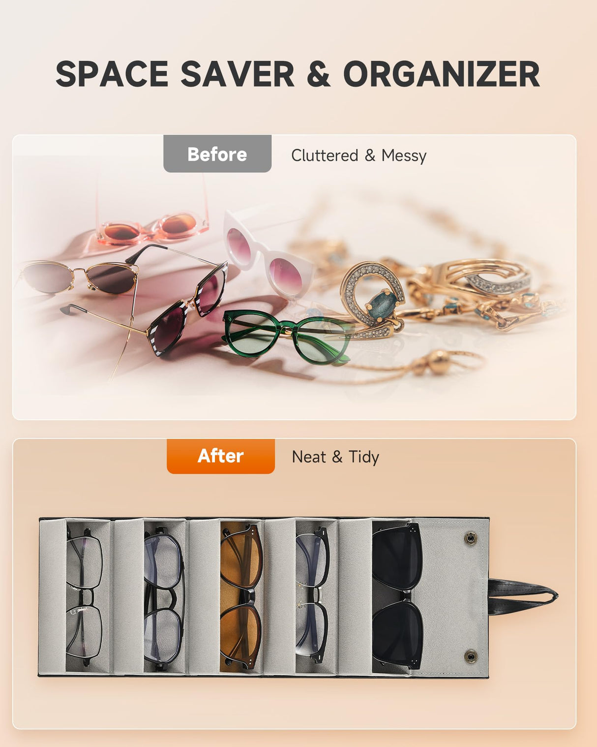 CO-Z Travel Sunglasses Organizer, Foldable Travel Sunglass Case with 5 Slots for Multiple Pairs, Portable Eyeglasses Holder Glasses Storage Box for Women Men Home Display Travel, Black & Gray CO-Z