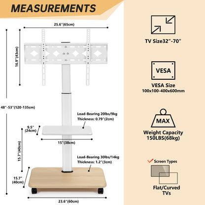 Hellsehen Rolling TV Stand for 32-70 Inch Flat Curved LED LCD OLED Screens up to 100lbs Height Adjustable Mobile TV Cart with Lockable Wheels & Laptop Shelf for Bedroom Outdoor Office Small Dorm White