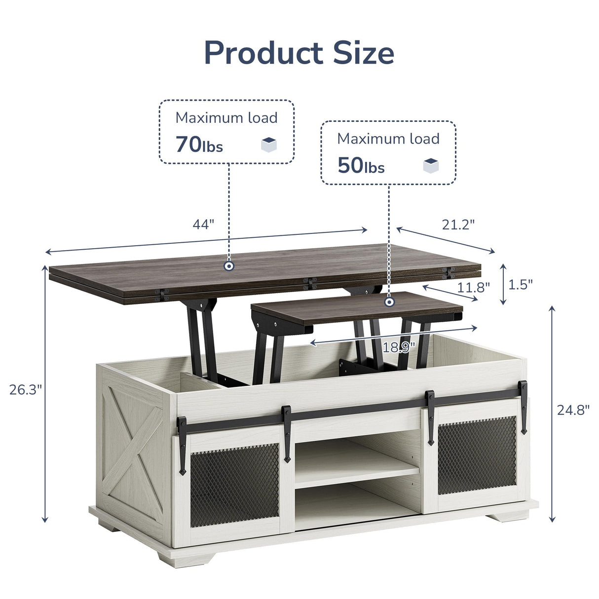 BELLEZE Lift Top Coffee Table, 44" Farmhouse Coffee Table with Storage & Sliding Barn Doors, 3 in 1 Multi-Function Coffee Table for Living Room, Dining Reception Room, Lawson - White Sand BELLEZE