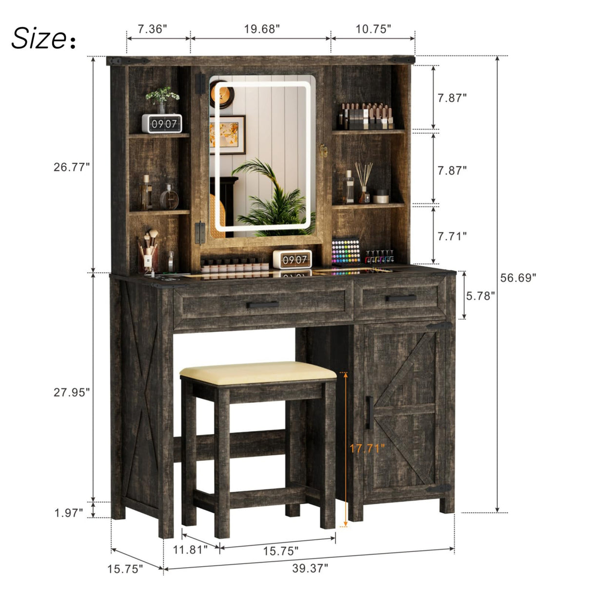 ChicFurnit Farmhouse Makeup Vanity,Vanity Desk with Glass Tabletop & 3 in 1 Charging Station,40'' Vanity Set with Human Body Sensing LED Lights & Hidden Jewelry Cabinet,Stool Included, Vintage Brown ChicFurnit