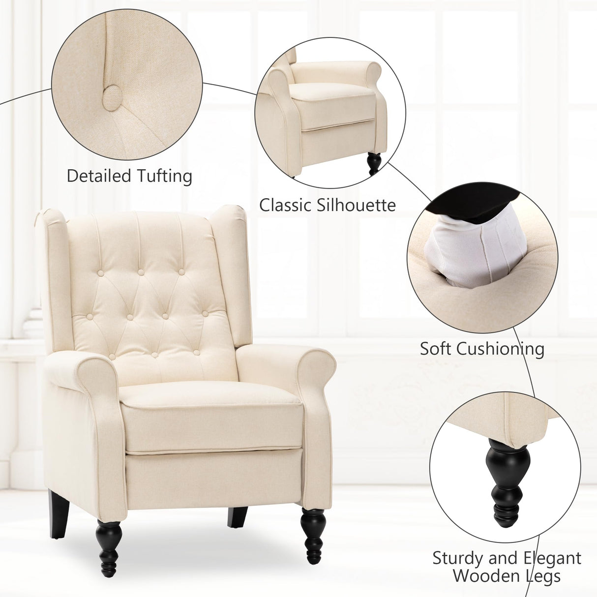 Mid Century Wingback Recliner Chair for Adults, Modern Linen Fabric Push Back Recliner Chairs with Button Tufted Upholstered Back & Footrest, Manual Recliner Chais for Living Room, Nursery, Beige BALIAA