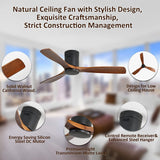 CACI Mall 52 Inch Ceiling Fan with Remote Control, Low Profile Flush Mount Ceiling Fan without Light, 3 Walnut Wood Ceiling Fan No Light, Noiseless Reversible ETL DC Motor with Timer CACI Mall