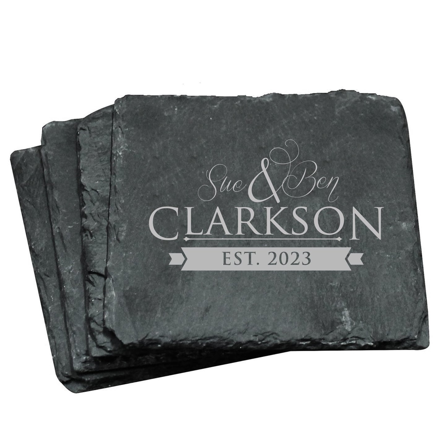 Custom Engraved Slate Coasters Set of 4 - Monogrammed Coasters for Drinks, Weddings, Couples, Anniversaries - Personalized (Square) - WoodArtSupply