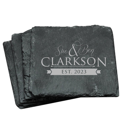 Custom Engraved Slate Coasters Set of 4 - Monogrammed Coasters for Drinks, Weddings, Couples, Anniversaries - Personalized (Square) - WoodArtSupply