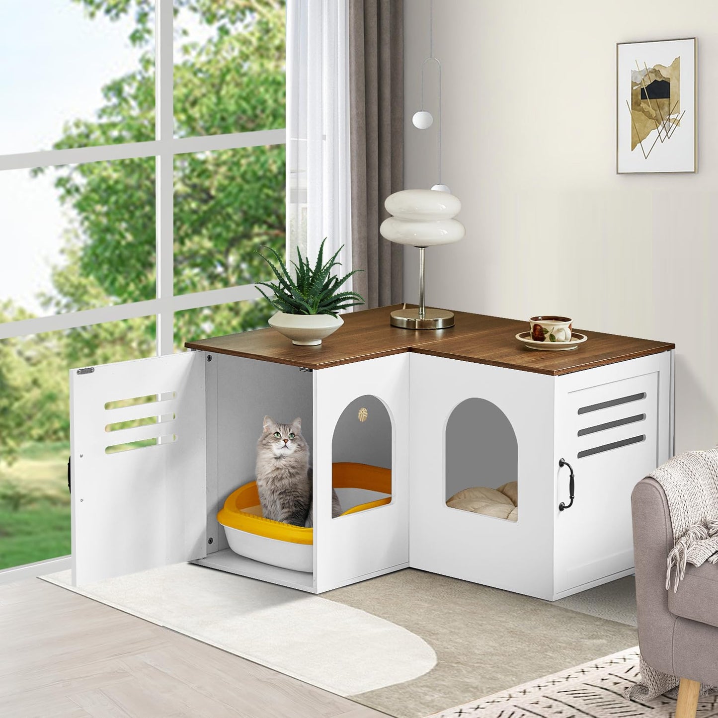 JanflyHome Corner Litter Box Enclosure for 2 Cats, Hidden Litter Box Furniture, Litter Box Cabinet with Double Room, Indoor Cat House End Table, 31.5 x 17.7 x 19.7 in, White