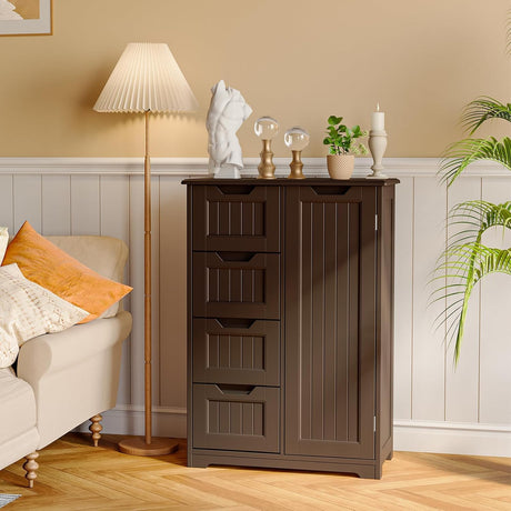 Gizoon Pantry Cabinet Storage Cupboard, Freestanding Wooden Dresser with 4 Drawers for Bathroom and Dining Room, 33" Dark Brown, Small Kitchen Pantry Storage Cabinet with Door and Shelves Gizoon