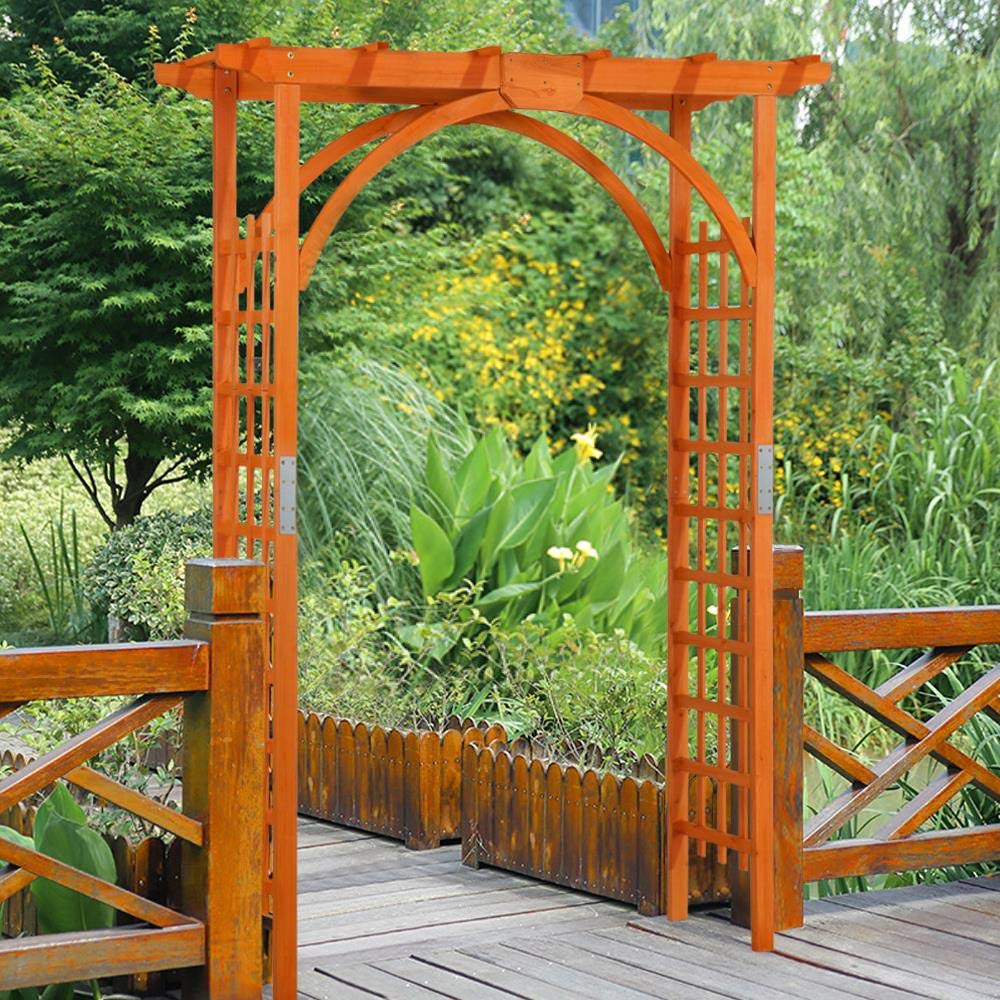 Topeakmart Wood Arbor Arch Trellis Climbing Plant Wedding Garden Patio Bridal Party Decoration Arbor Wood & Iron Outdoor Square Top 63 x 24 x 85in Natural Wood Topeakmart