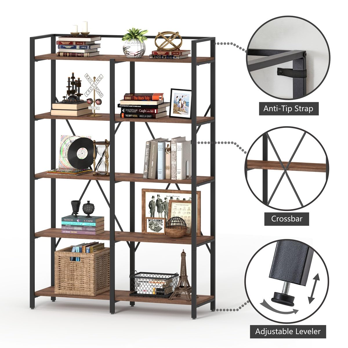 BON AUGURE Industrial Bookshelf, Bookcases and Bookshelves Etagere, Tall Large Farmhouse Book Shelves, 5 Tier Open Bookcase, Wood Metal Shelving Unit for Bedroom, Office (Rustic Oak) BON AUGURE