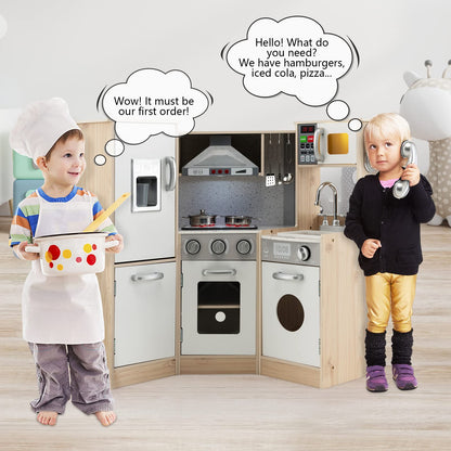 Costzon Kids Kitchen Playset, 9-in-1 Wooden Pretend Play Kitchen Toy Set w/Realistic Light & Sound, Ice Maker, Washing Machine, Microwave, Oven, Stove, Ice Cube Dispenser, Utensils, Sink