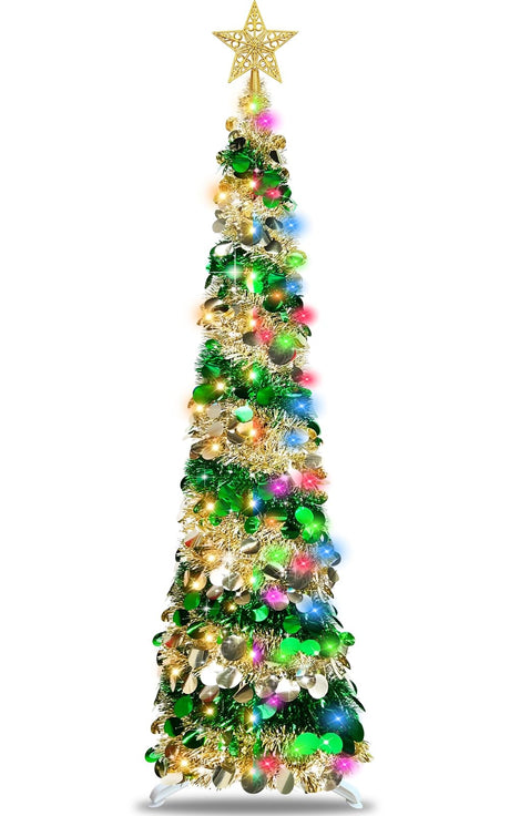 Dual Color Change & Timer - 5FT Pop Up Christmas Tree, Tinsel Christmas Tree 50 Warm White & Colored Lights 8 Mode 3D Star Sequins 1 Minute Collapsible Pencil Christmas Tree Home Indoor Party TURNMEON
