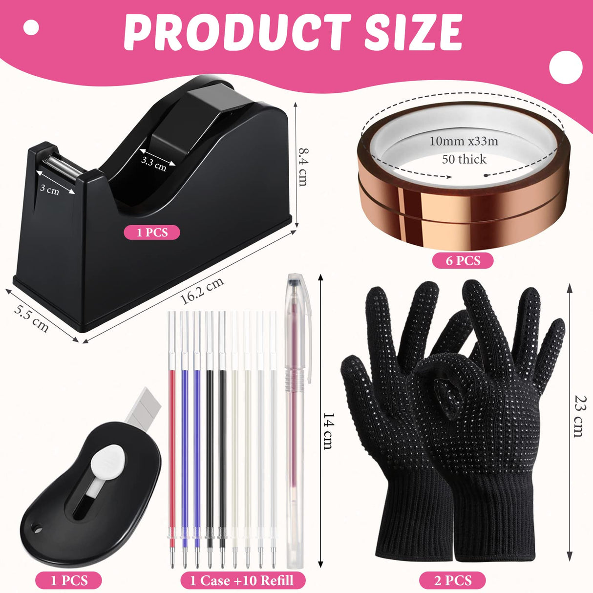 20 Pack Sublimation Heat Tape Dispenser Set Heat Resistant Gloves with Silicone Bumps Heat Tape for Sublimation Mini Cutter Pen Set Weighted Desktop Tape Dispenser Heat Transfer (Black) Sabary