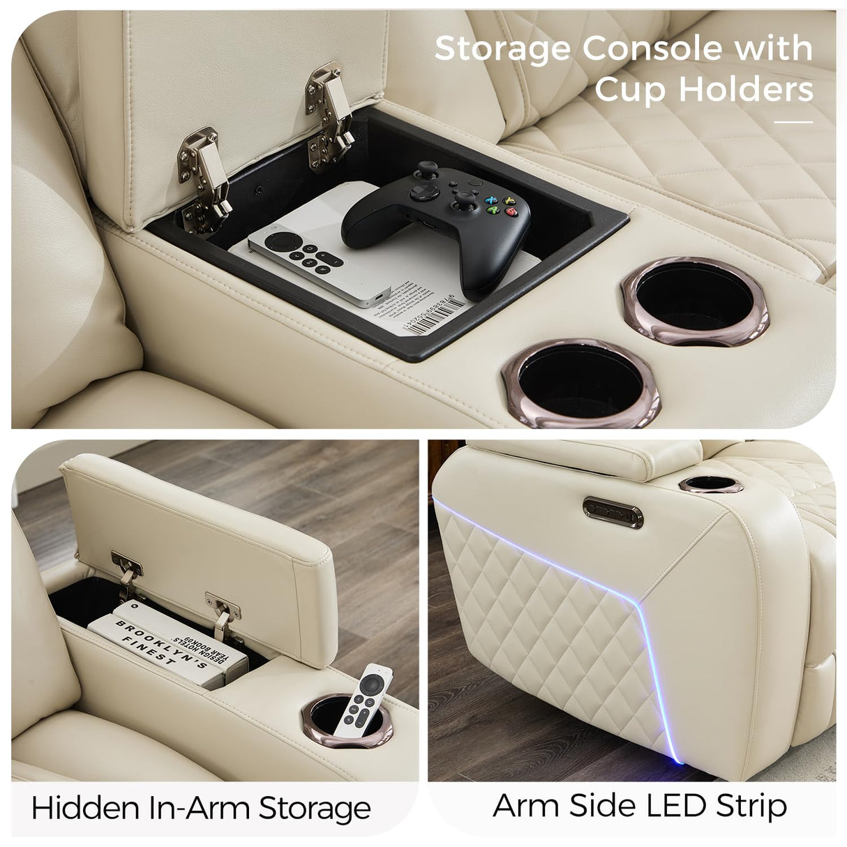 Power Recliner Sofa Set of 3 Pieces with Adjustable Headrest, Wireless Charger for Living Room, Electric Reclining Couch, Faux Leather 3 Seaters and Loveseat and Theater Chair with LED Lights, Beige Comfort Stretch