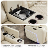 Power Recliner Sofa Set of 3 Pieces with Adjustable Headrest, Wireless Charger for Living Room, Electric Reclining Couch, Faux Leather 3 Seaters and Loveseat and Theater Chair with LED Lights, Beige Comfort Stretch