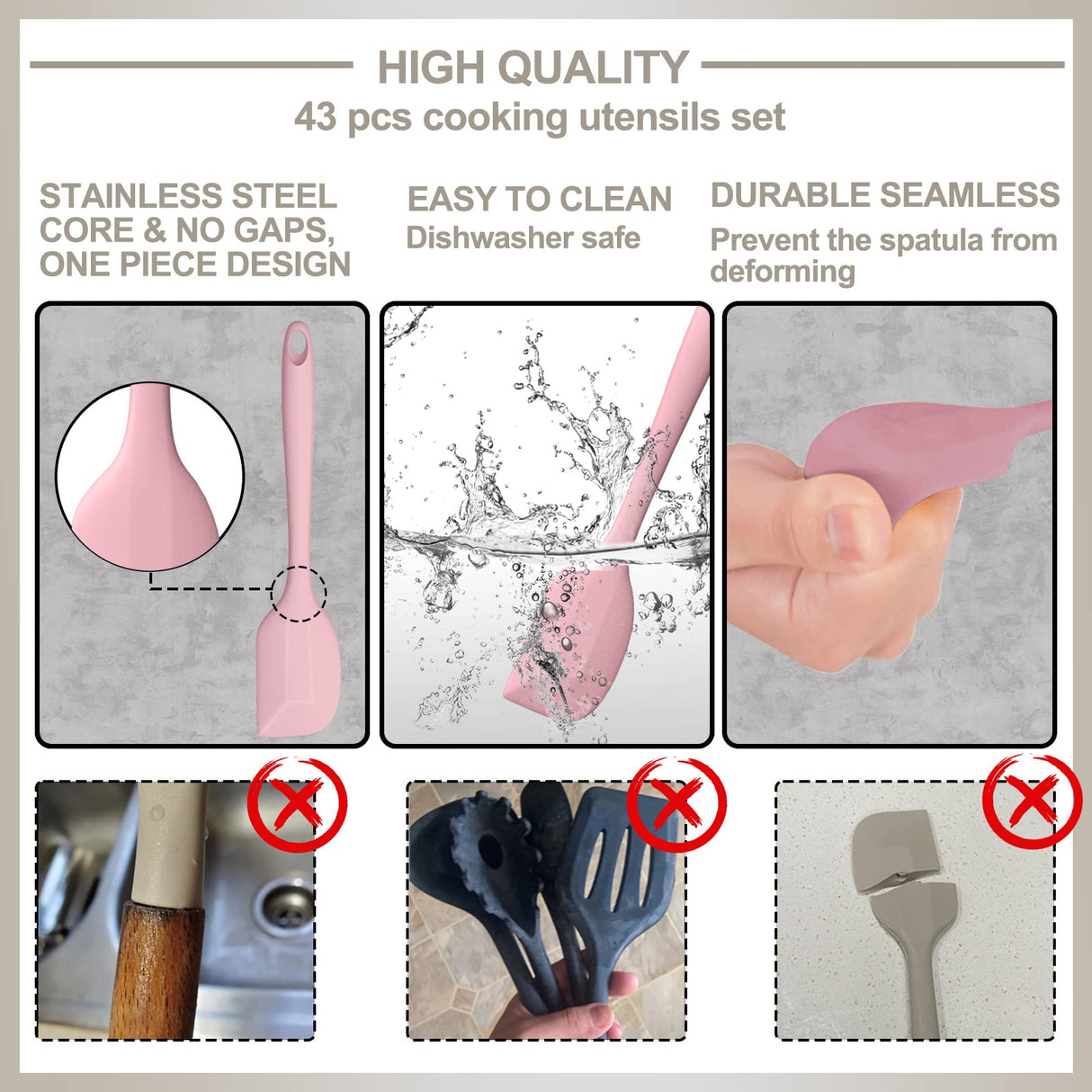 Silicone Cooking Kitchen Utensil Set, AIKKIL 43 Pcs Pink Cooking Utensils Set, Turner, Tongs, Spoon, Spatula, Kitchen Gadgets Tools Set For Nonstick Cookware, Heat Resistant (Dishwasher, BPA Free) AIKKIL