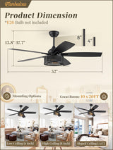 Farmhouse Ceiling Fans with Lights and Remote, 52 Inch Industrial Black Caged Ceiling Fans for Living Room Bedroom Kitchen, 6 Speed Reversible Quiet DC Motor, Dual Finish 5 Blades Fanbulous
