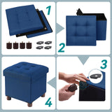 BRIAN & DANY Small Ottoman with Storage, Small Storage Ottoman, Folding Foot Stool with Wood Legs for Living Room and Bedroom Linen Rest Seat, 12.6"x12.6"x12.8" - Blue BRIAN & DANY