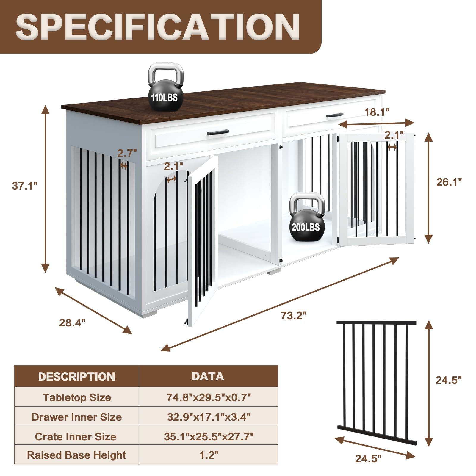 Large Dog Crate Furniture,74.8" Wooden Double Room Dog Crates Indoor Furniture Style with Divider and 2 Drawers,XXL Heavy Duty Dog Kennel Furniture TV Stand Table for 2 Large Dogs,White - WoodArtSupply