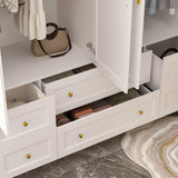 TAMUNE Large Wardrobe Armoire Closet with 4 Doors, White Wardrobe with Hanging Rods and Drawers, Shelf, Bedroom Armoire, Modern Clothes Wardrobes with Gold Handles, 19.7”D x 63”W x 70.9”H TAMUNE