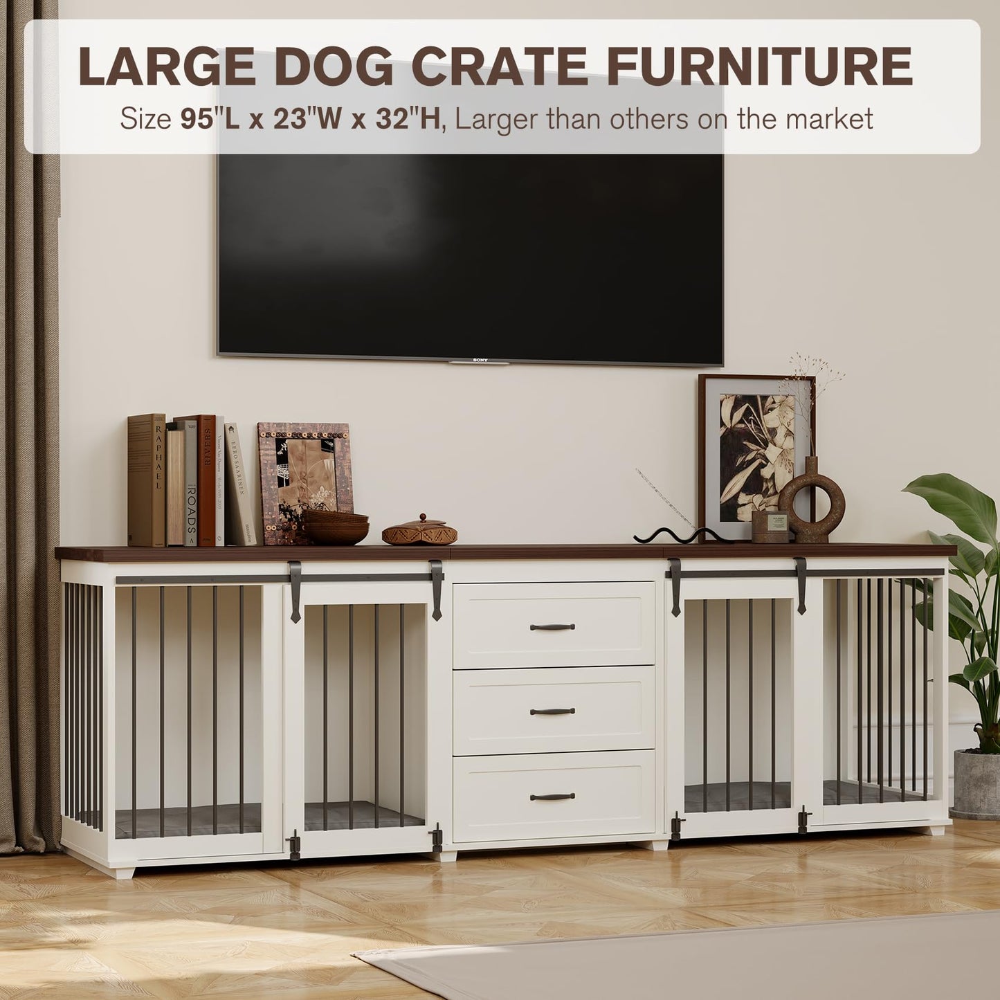 Dog Crate Furniture - Farmhouse Wooden Dog Kennel with Double Sliding Barn Doors & 3 Drawer, 95”x23”x32”H, White