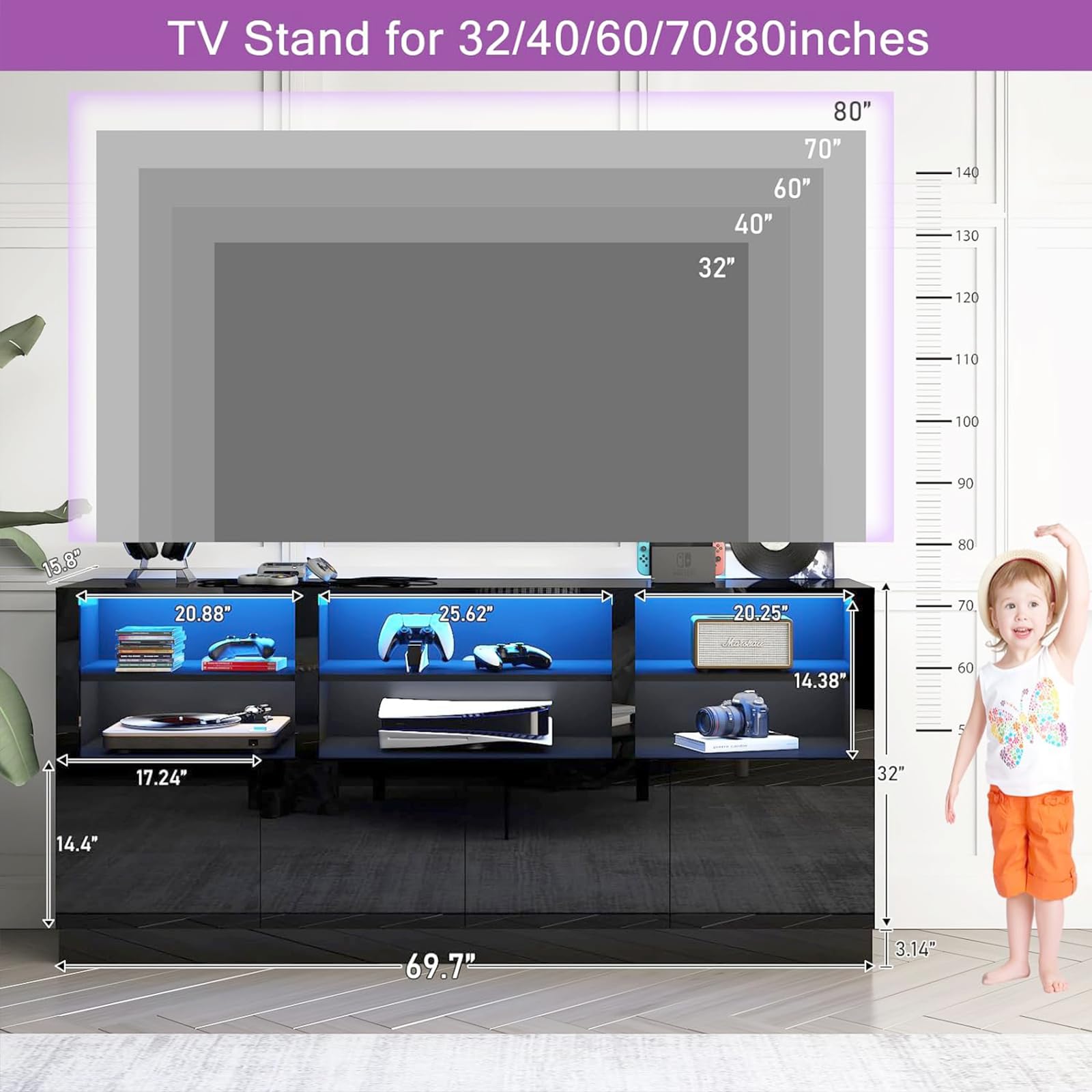 Bolonbi 70 Inch LED TV Stand for 75/80/85 Inch TV,Modern Gaming Entertainment Center with Storage Shelves and Doors,High Gloss TV Media Console for Living Room,RGB LED Lights,Black - WoodArtSupply