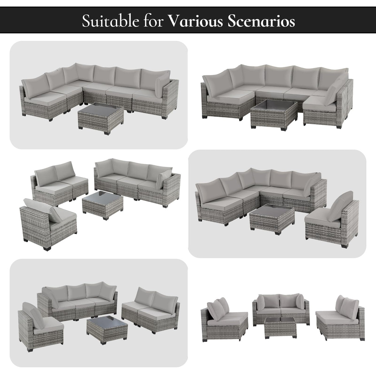 FHFO 7 Pieces Outdoor Patio Furniture Set, Wicker Sectional Sofa Set Rattan Modular Patio Conversation Sets with Cushions Couch Set & Coffee Table for Outside, Garden, Balcony, Porch, Grey FHFO